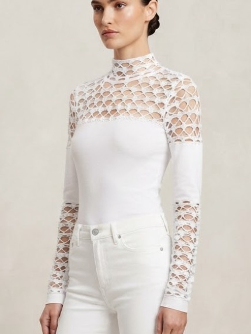 VENUS| White Mesh Paneled Long Sleeve Slim Bodycon Fit Top Sz XS